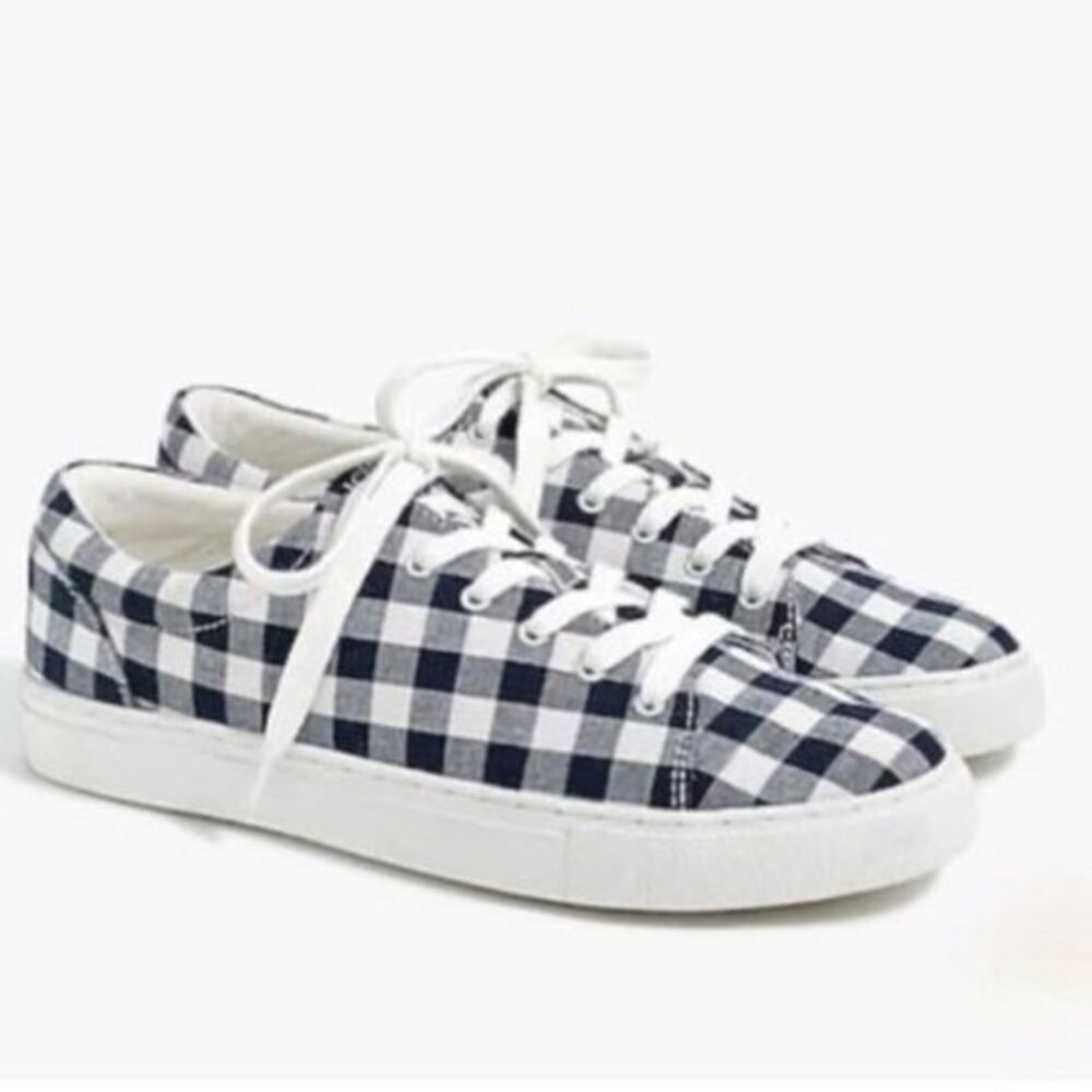 J. Crew Factory Navy Blue Gingham Printed Road Trip Sneakers NEW! - Picture 1 of 8